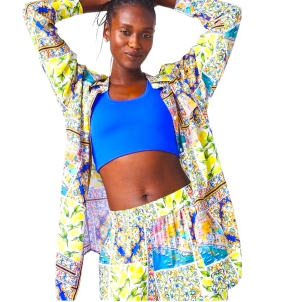 NWT Terez Amalfi Coast Patchwork Print Long Sleeve Blouse Yellow Blue Multi MED - Picture 4 of 16